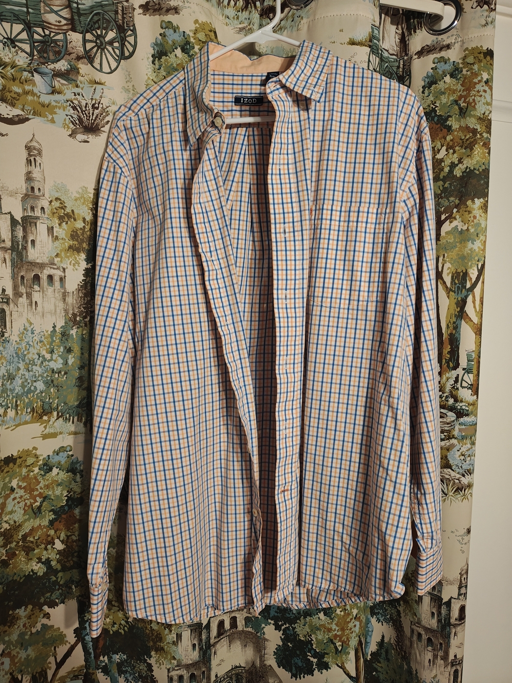Izod Orange and Blue Checked Long-Sleeve Button-Down Shirt